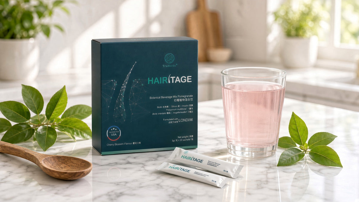 TruHerbs Hairitage box and sachets with a glass of herbal drink in bright kitchen light