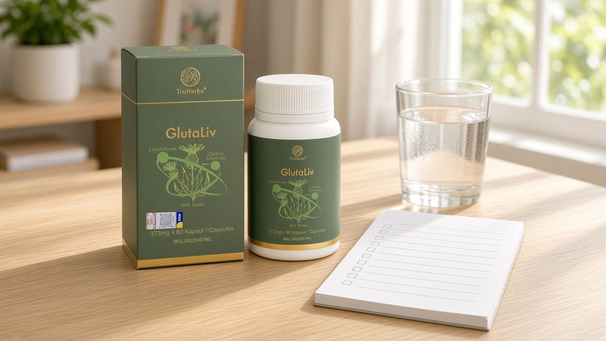 TruHerbs GlutaLiv box and bottle on a bright desk with water and a checklist