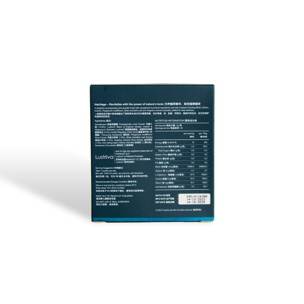 Hair growth formula featuring Biotin, Silicon, Inositol, and Arginine to strengthen hair roots and prevent graying.