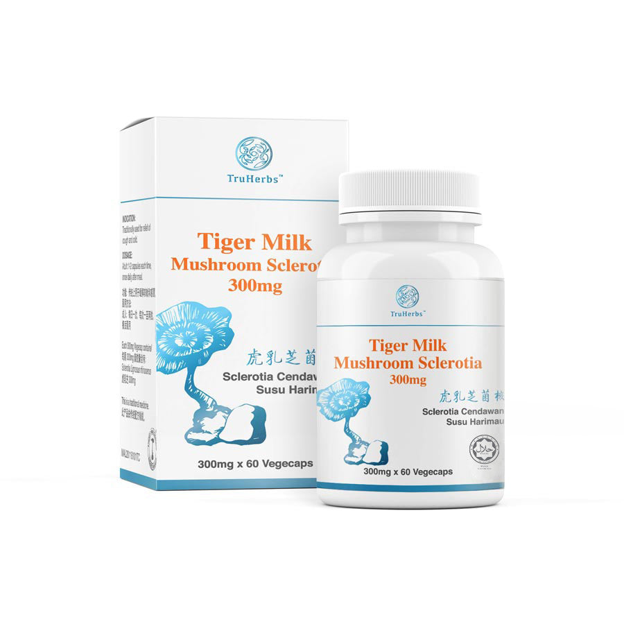 TruHerbs Tiger Milk Mushroom Sclerotia (300mg x 60 Vegecaps) for respiratory health and immune system support.