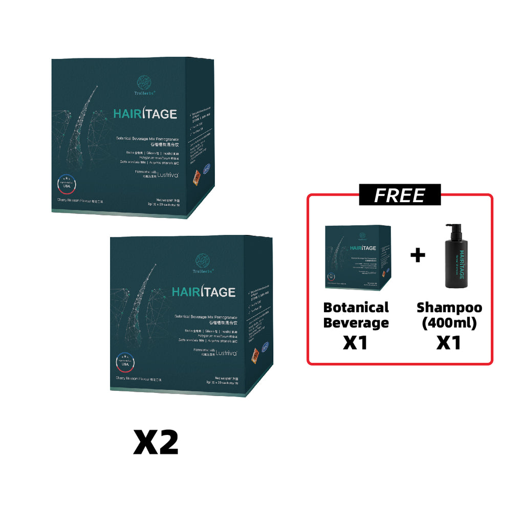 TruHerbs Hairitage promotion bundle: Buy 2 boxes and get 1 free and 1 bottle of Hairitage Herbal Shampoo 400ml.