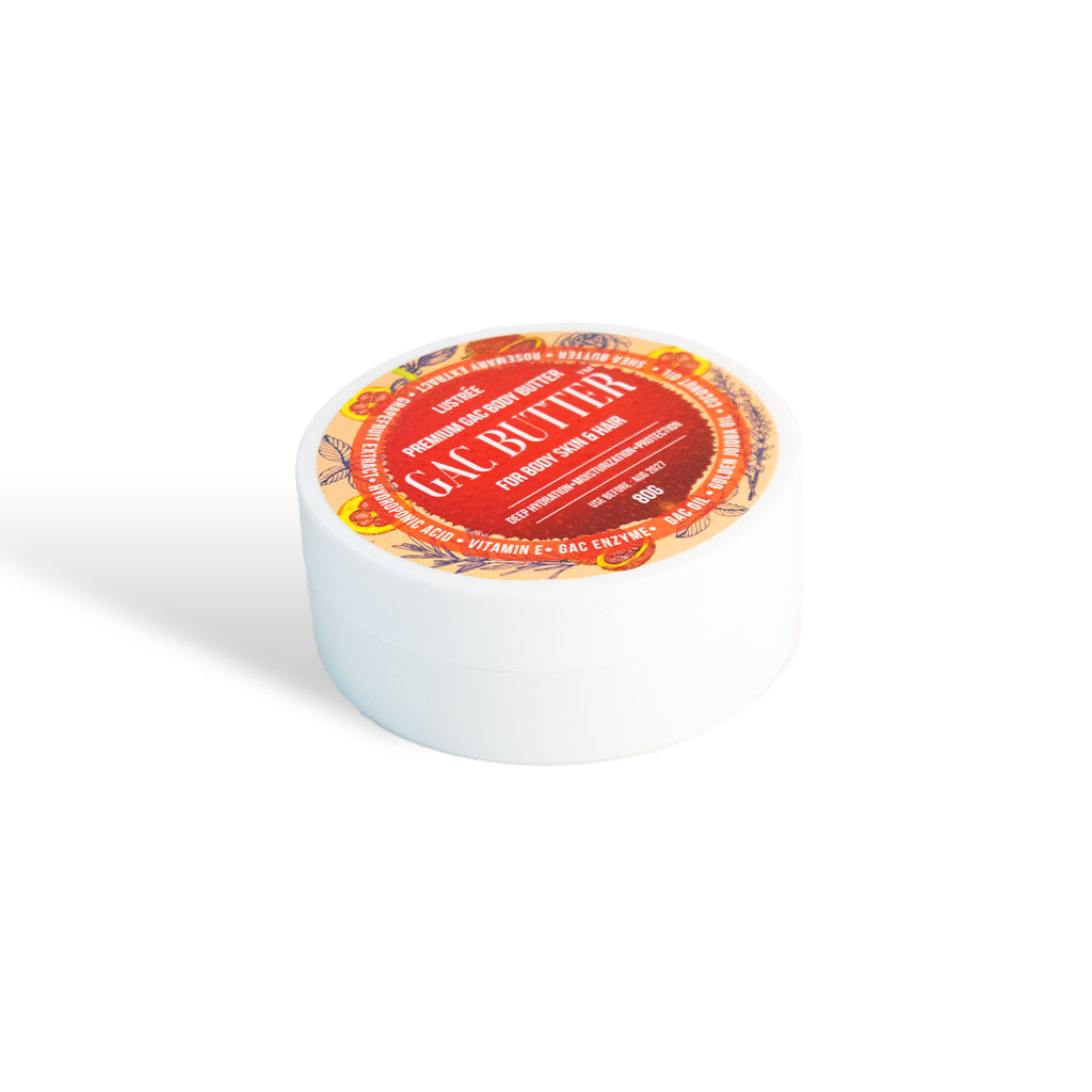 Gac Lustree Premium Gac Body Butter with high-antioxidant Gac fruit oil for deep skin nourishment.