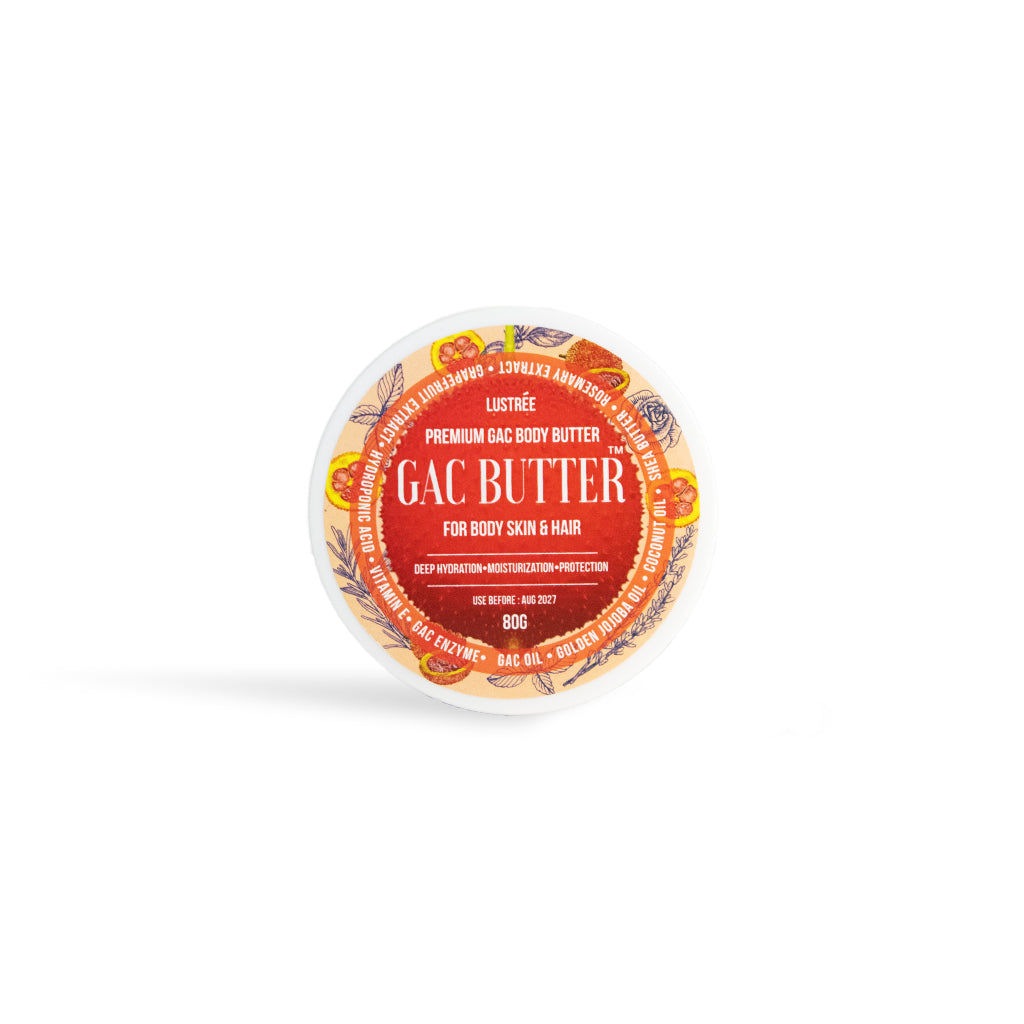Anti-aging body butter rich in Lycopene and Beta-carotene from Gac fruit for skin repair and UV protection.