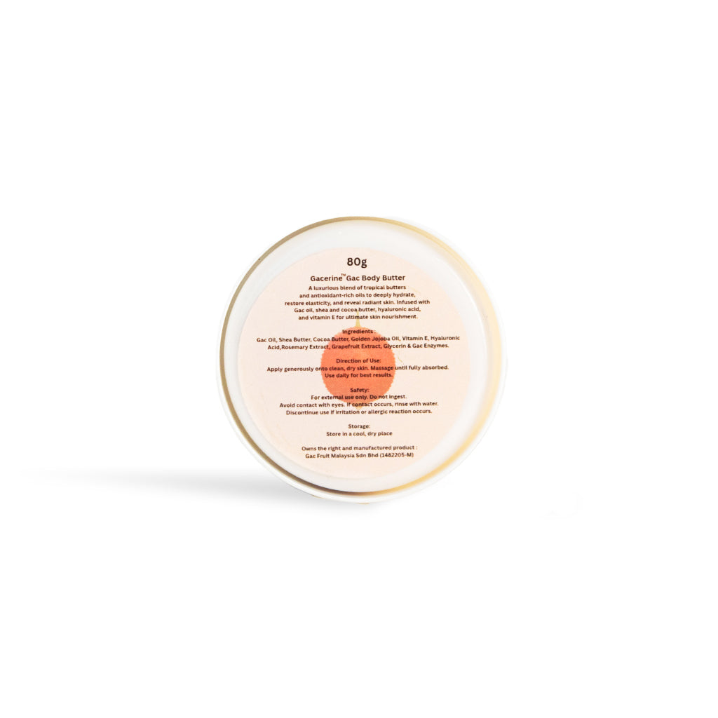 Rich and non-greasy Gac body butter texture for intensive hydration of dry and cracked skin.