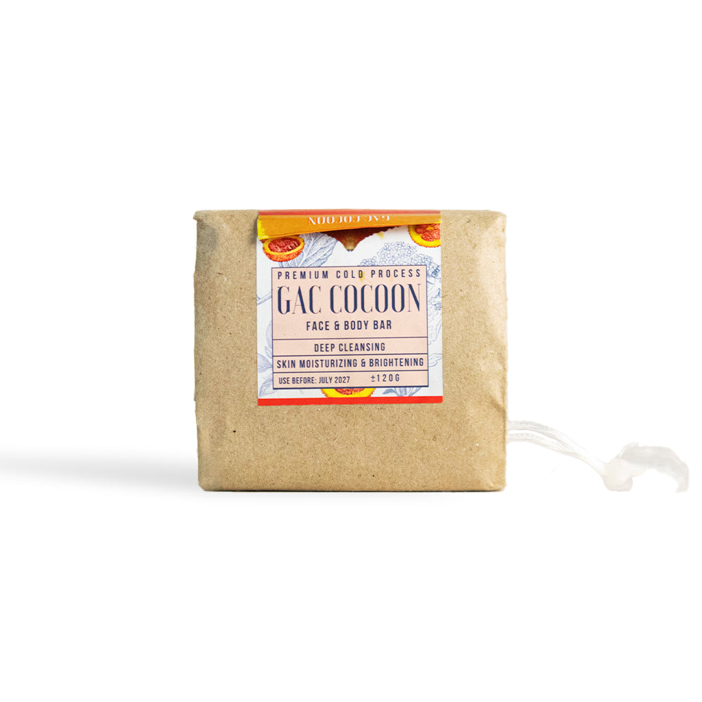 Gac Lustree Gac-Infused Cocoon Facial and Body Soap for deep cleansing and anti-aging skin repair.