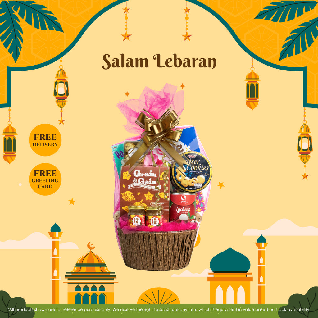 Salam Lebaran Raya Hamper SAY139 with Bird's Nest, Alfredo Dark Chocolate Wafers, and festive floral decoration.