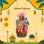 Salam Lebaran Raya Hamper SAY139 with Bird's Nest, Alfredo Dark Chocolate Wafers, and festive floral decoration.