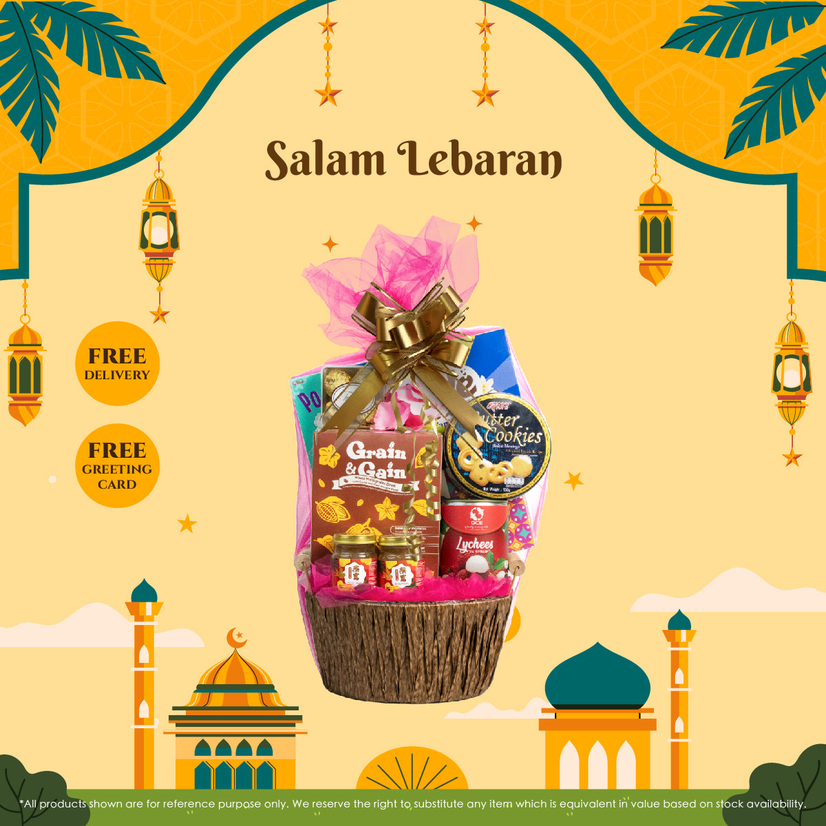 Salam Lebaran Raya Hamper SAY139 with Bird's Nest, Alfredo Dark Chocolate Wafers, and festive floral decoration.