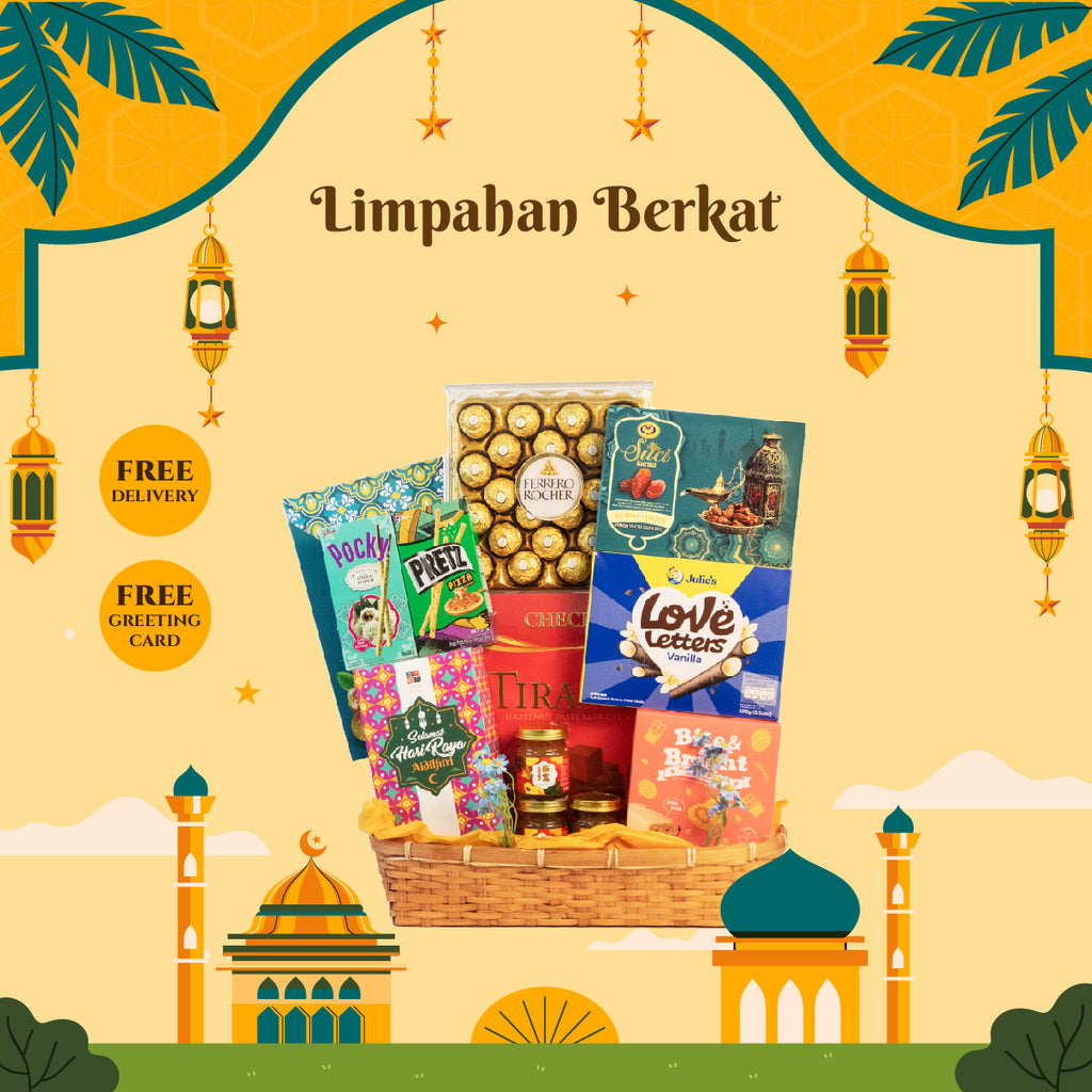 Limpahan Berkat Raya Hamper (SAY288) featuring Ferrero Rocher T24, Bird's Nest bottles, and Bite & Bright collagen bars