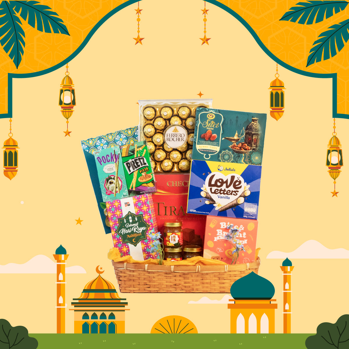 Three bottles of Bird's Nest with American Ginseng and a T24 box of Ferrero Rocher chocolates in a festive Raya basket.