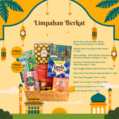 Raya gift set contents: Suci Kurma Golden Dates, MRS Enak Pineapple Tarts, Ondeh Ondeh Pocky, and Julie's Love Letters.