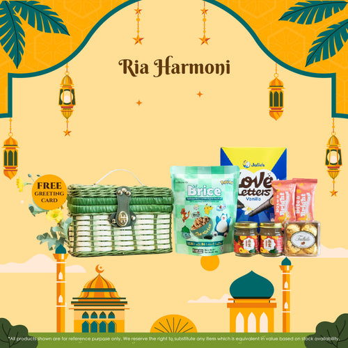 Ria Harmoni Raya Gift Set (RAY099) featuring Bird's Nest, EcoBrown Brice, and Truffalla Chocolate Balls in a premium gift box.