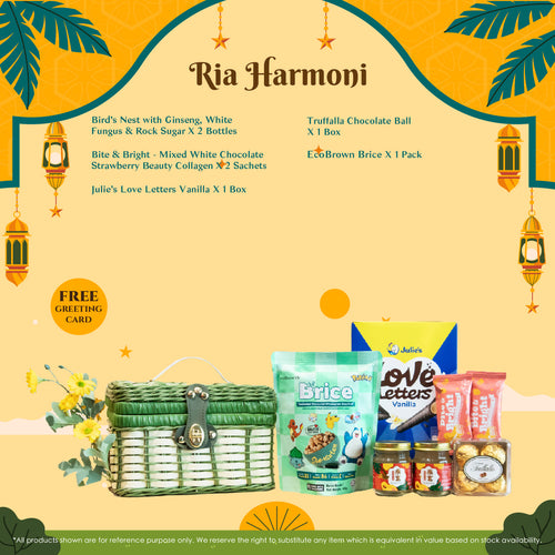 Ria Harmoni gift set contents: Bird's Nest with Ginseng, EcoBrown Brice pack, Bite & Bright collagen bars, and Julie's Love Letters.