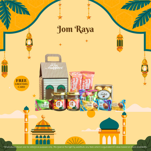 Jom Raya Raya Gift Set featuring premium Bird’s Nest, herbal tea, and traditional wellness snacks in festive packaging.