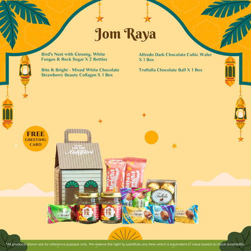 Complete contents of Jom Raya Raya Gift Set: Ginseng Bird's Nest, flower tea, healthy snacks, and a greeting card.