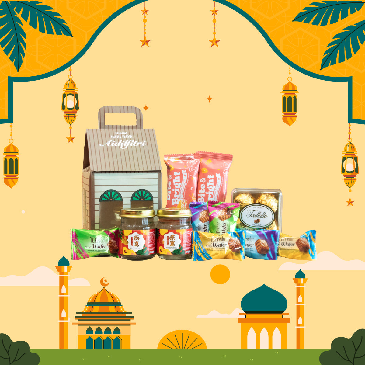 Ginseng with Snow Fungus and Bird's Nest bottles included in the Jom Raya gift set for vitality and nourishment.