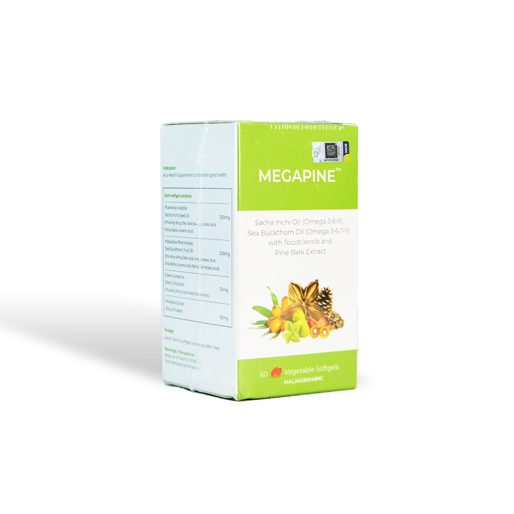 Composite plant oil blend featuring Sacha Inchi, Sea Buckthorn, Palm Fruit, and Pine Bark extract for whole-body wellness.