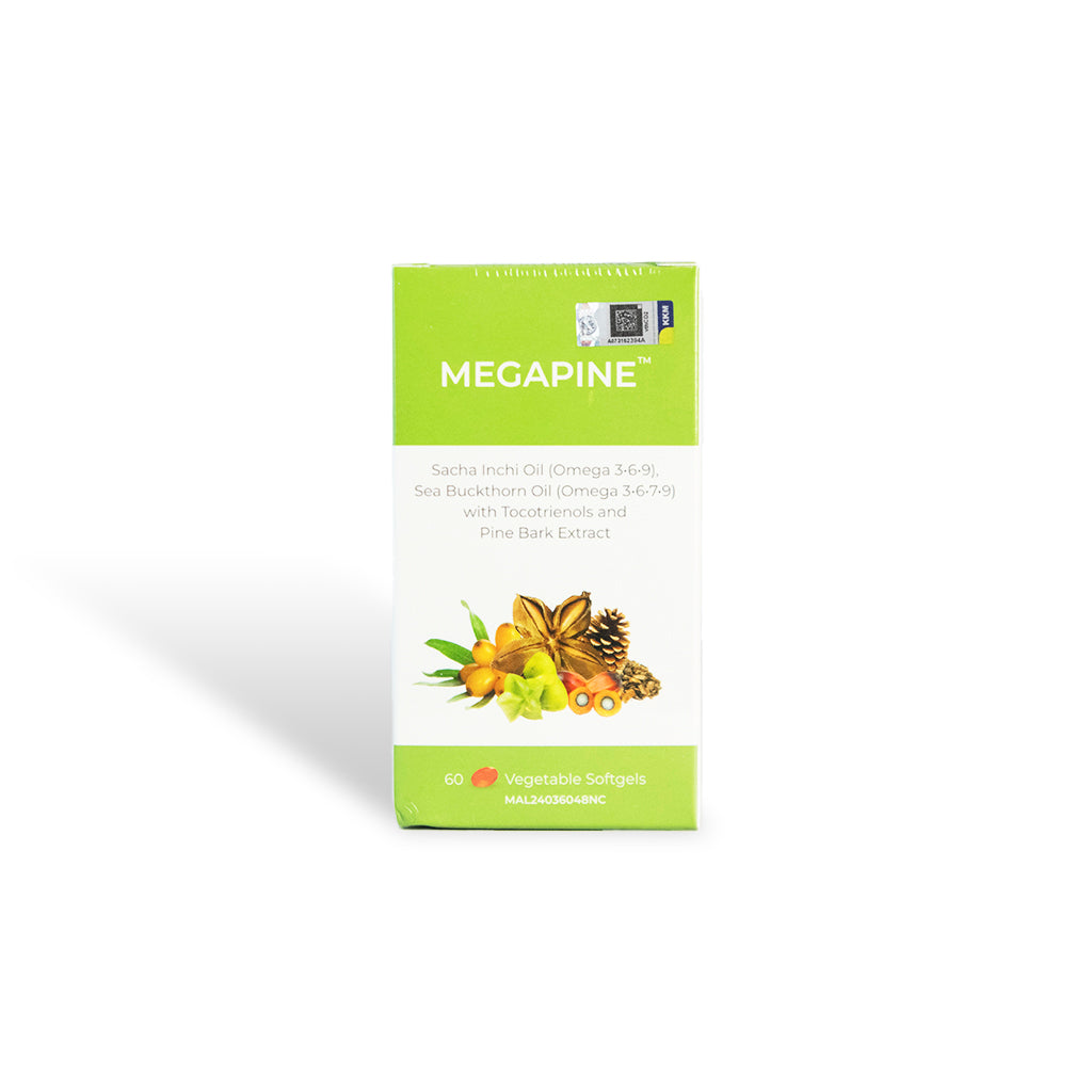 MEGAPINE Plant-Based Golden Elixir 60 vegetable softgels with Omega 3, 6, 7, and 9 for chronic inflammation.
