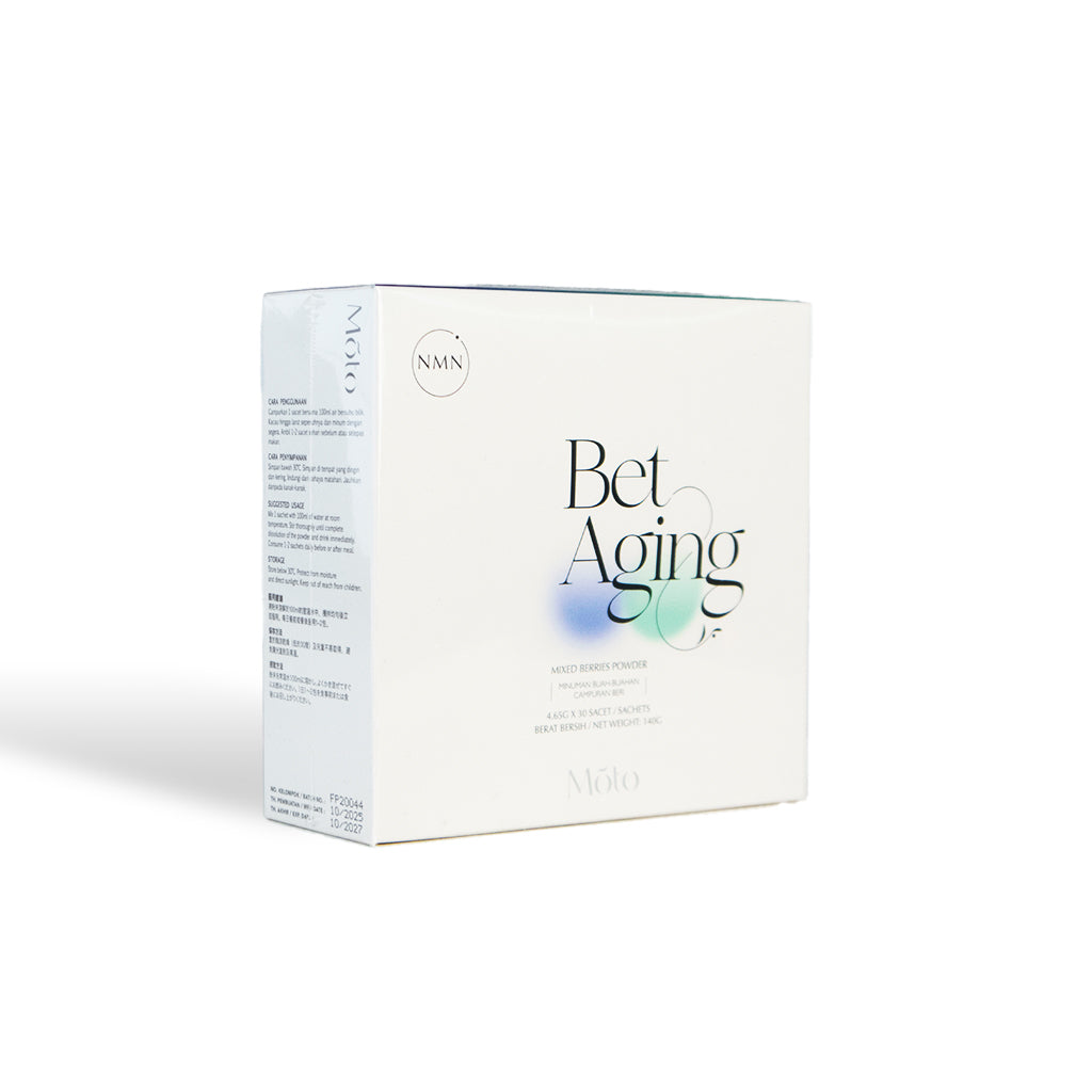 Anti-aging blend featuring NMN for DNA repair, Acerola Cherry for Vitamin C, and antioxidant Mixed Berries.