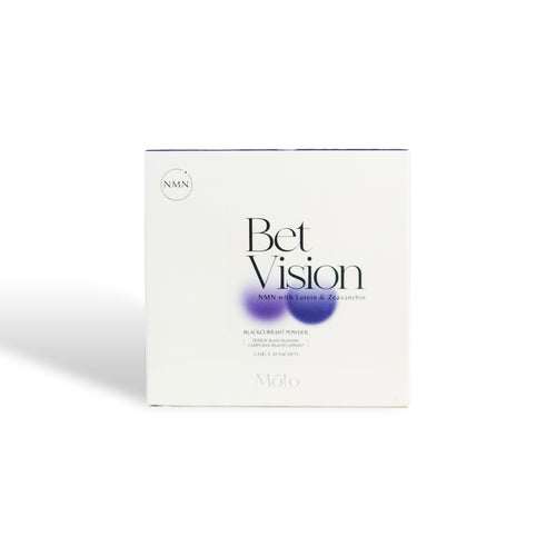 MotoGene BetVision Blackcurrant Powder with 99% high-purity NMN and Lutein for digital eye strain and blue light protection.