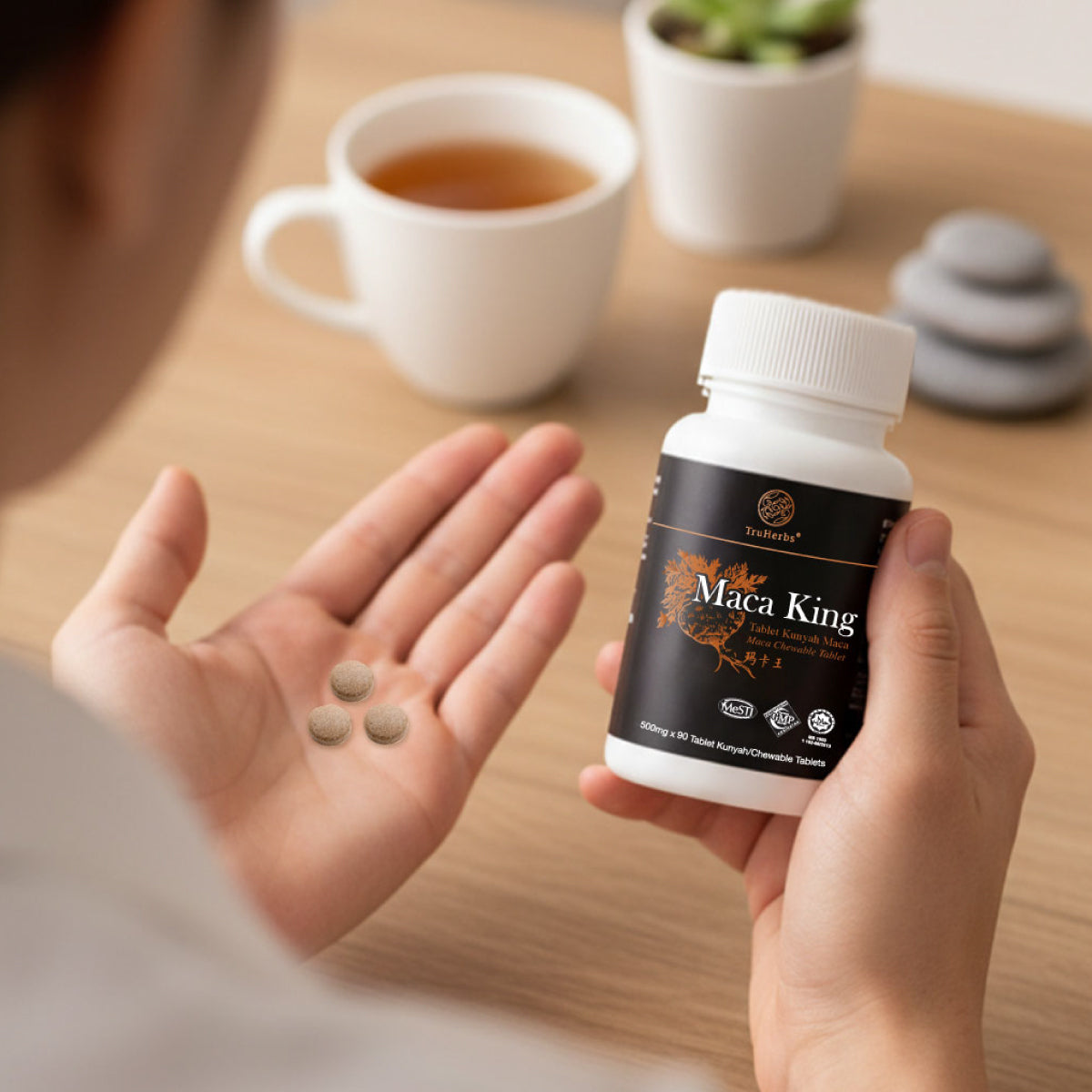 Close-up of TruHerbs Maca King 500mg chewable tablets for easy daily consumption.